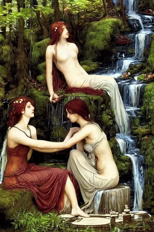 Prompt: beautiful forest dryads playing a quiet game of chess by a mystical waterfall, tranquil scene by Waterhouse