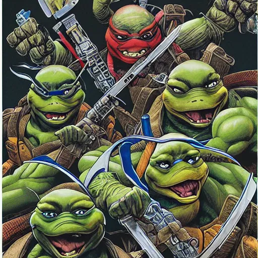 Prompt: portrait of crazy teenage mutant ninja turtles, symmetrical, by yoichi hatakenaka, masamune shirow, josan gonzales and dan mumford, ayami kojima, takato yamamoto, barclay shaw, karol bak, yukito kishiro