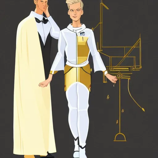 Prompt: character concept art of stoic heroic emotionless handsome blond butch tomboy woman with very short slicked-back hair, no makeup, in princely white and gold masculine satin jumpsuit with gold cape and boots, science fiction, atompunk, illustration