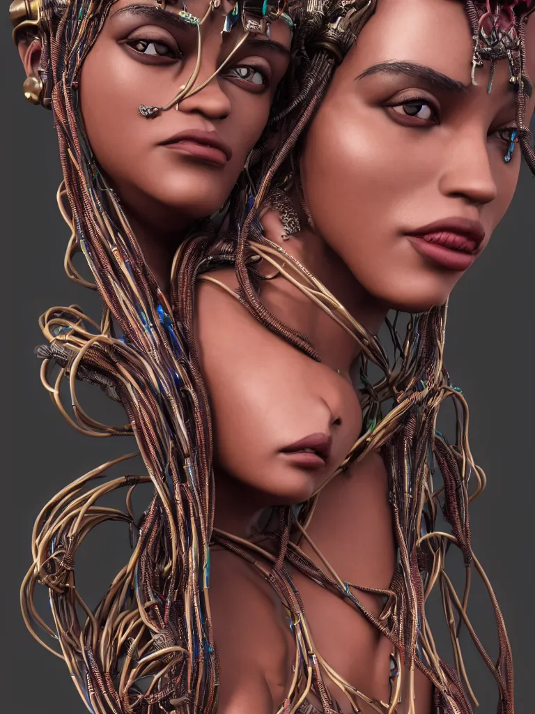 Prompt: a centered render of an alluring tribal goddess adorned with cables and synthesizer parts, full body, gorgeous face, perfect face, powerful, by viktoria gavrilenko, 3 d, trending on artstation, octane render, 8 k