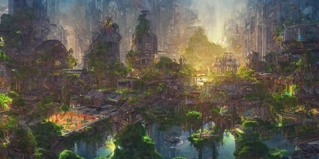 Prompt: a utopian city, filled with fauna, with building floating around everywhere, building cover with plant, dynamic lighting, fantasy concept art, trending on art station, stunning visuals, creative, cinematic, ultra detailed