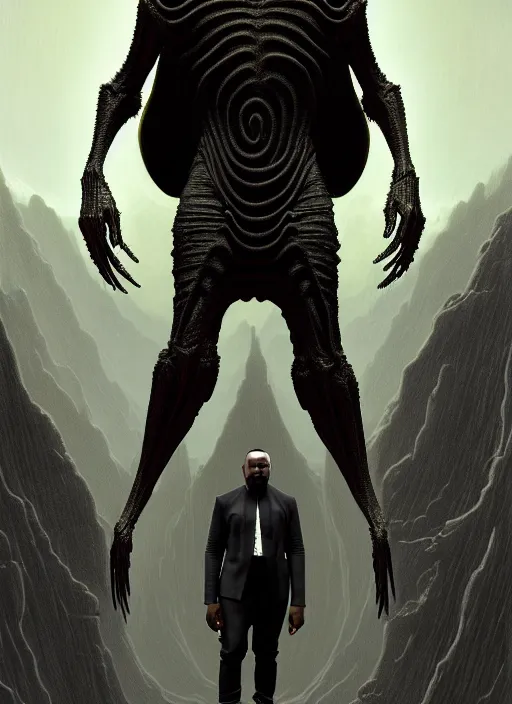 Prompt: stunning landscape kanye west as a futuristic solarpunk suited man holding a touch, victorian era, lovecraftian horror, cosmic horror!! cinematic lighting, digital art, winning award masterpiece, fantastically beautiful, aesthetically inspired by wayne barlowe and gerald brom, trending on artstation, art by h r giger and greg rutkowski, octane render, 8 k