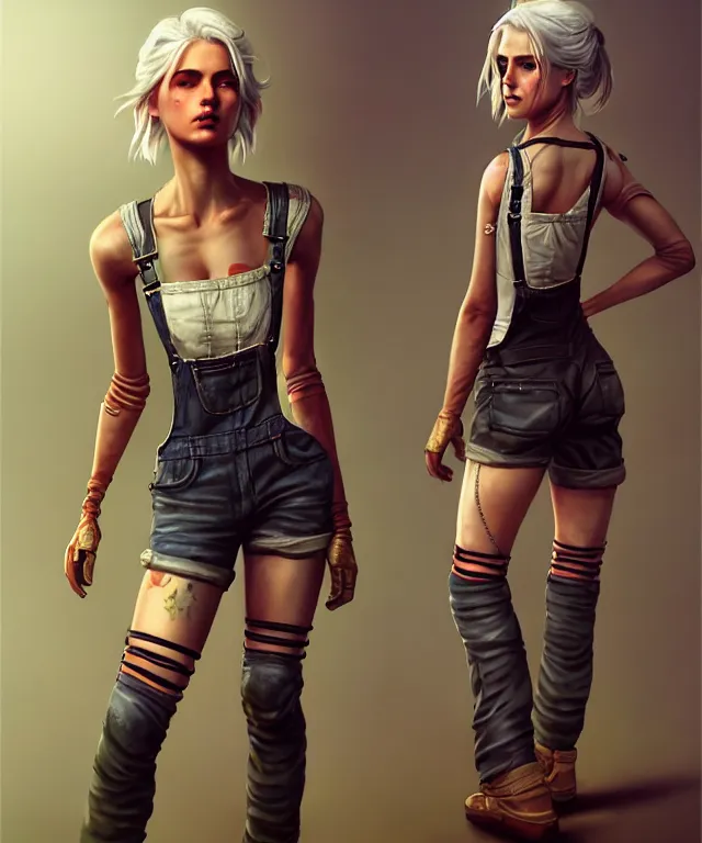 Image similar to full body pose, grungy ciri, torn overalls, short shorts, combat boots, fishnets, beautiful, highly detailed face, true anatomy!, extremely detailed!, digital painting, unreal engine 5, art by tom bagshaw