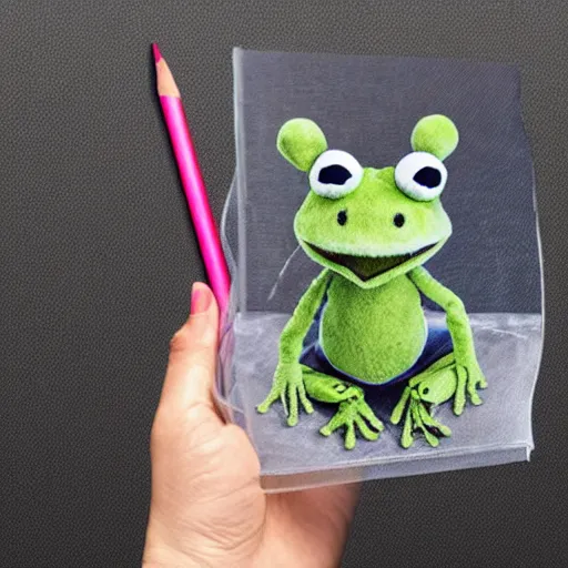 Image similar to photorealistic real life frog cleric as a transparent mesh chibi muppet plush wearing a wolf skull on its head and carrying a tiny sketch book and pencil, photography, national geographic, sesame street