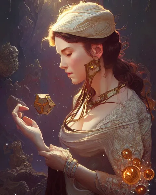 Image similar to the designer of the universe, deep focus, d & d, intricate, elegant, highly detailed, digital painting, artstation, concept art, matte, sharp focus, illustration, hearthstone, art by artgerm and greg rutkowski and alphonse mucha