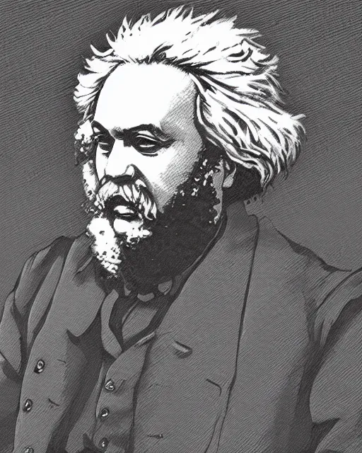 Prompt: Digital state-sponsored anime art of Karl Marx by A-1 studios, serious expression, empty warehouse background, highly detailed, spotlight