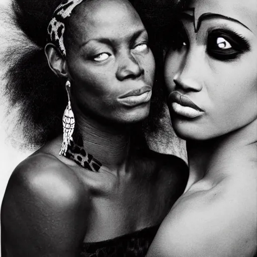 Image similar to a beautiful african lady and the black leopard, black and white, by richard avedon,