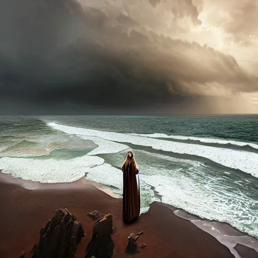 Image similar to a highly detailed matte painting of a large cross standing on the beach as a storm comes in with the tide, woman in a chair watching the ocean, epic fantasy, god rays, rocky beach, ultrawide lense, aerial photography, unreal engine, exquisite detail, 8 k, art by greg rutkowski and alphonse mucha