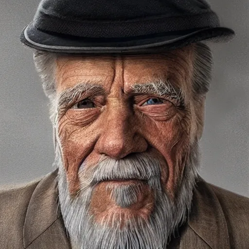 Image similar to realistic renderings of very old man portrait with a hat, astonishing scenes, photorealism