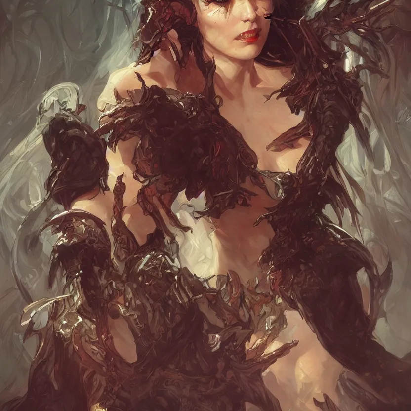 Image similar to portrait of a demon, D&D, fantasy, highly detailed, digital painting, artstation, smooth, sharp focus, illustration, art by artgerm and greg rutkowski and alphonse mucha