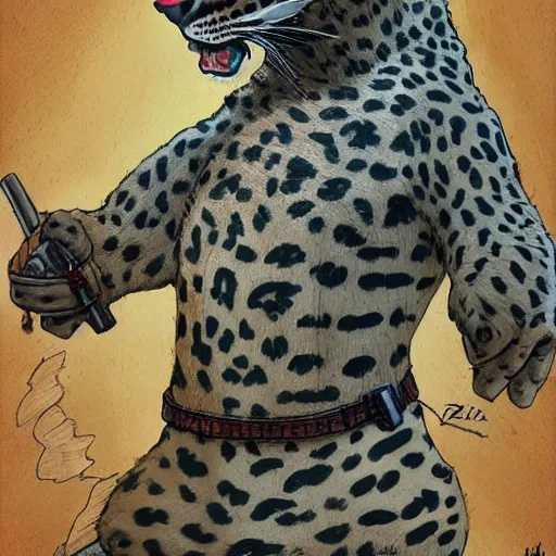 Prompt: the leopard in the style of enki bilal