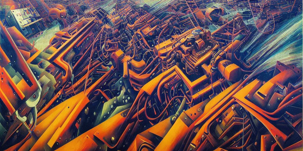 Prompt: Dynamism of a giant robot by Simon Stålenhag and Umberto Boccioni, oil on canvas