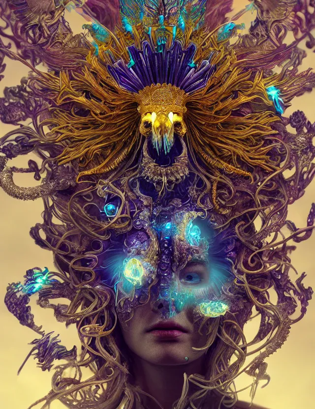 Image similar to goddess phoenix macro close - up portrait with crown made of ram skull. phoenix, betta fish, jellyfish, bioluminiscent, plasma, wind, creature, super intricate ornaments artwork by tooth wu and wlop and beeple and greg rutkowski