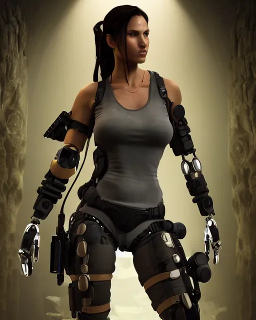 Image similar to centered portrait of soulful lara croft as a solarpunk mecha humanoid robotic parts wearing, with bright led lights, real human face, pudica gesture bouguereau style, in white room, ultra - realistic and intricate, soft portrait shot 8 k