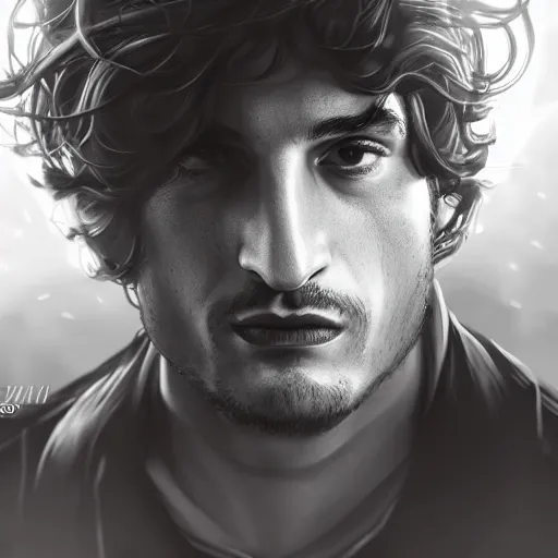 Prompt: louis garrel portrait, arcane netflix, arcane jayce, arcane vi, arcane jinx, concept portrait, riot, acrace catoon, detailed expression, high quality, cinematic lighting, fantasy, reflective, spotlight, digital artwork