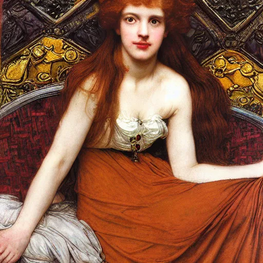 Image similar to preraphaelite photography reclining on bed, a hybrid of judy garland and ada lovelace, aged 2 5, big brown fringe, yellow ochre ornate medieval dress, john william waterhouse, kilian eng, rosetti, john everett millais, william holman hunt, william morris, 4 k