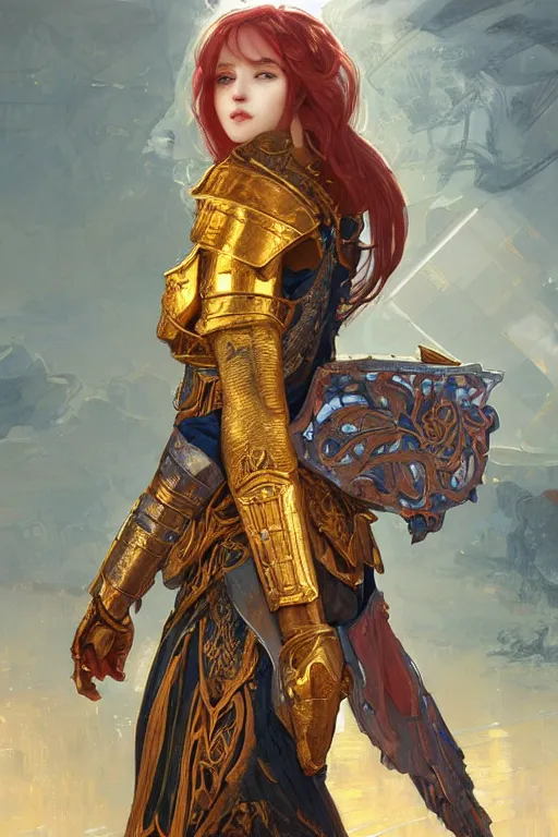 Image similar to portrait knights of Zodiac girl, metalic orange and dark blue reflected armor, in ruined Agora of Athens, ssci-fi, fantasy, intricate, very very beautiful, elegant, golden light, highly detailed, digital painting, artstation, concept art, smooth, sharp focus, illustration, art by tian zi and WLOP and alphonse mucha
