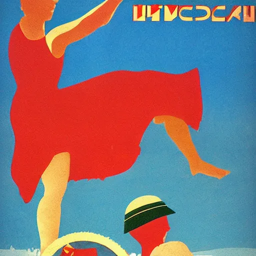 Image similar to a soviet poster of a beach day