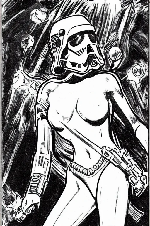 Image similar to female in white bikini with tattoos and stormtrooper helmet, well composed, clean elegant painting, beautiful detailed face. comic book art by steve ditko and jack kirby and ( alphonse mucha )