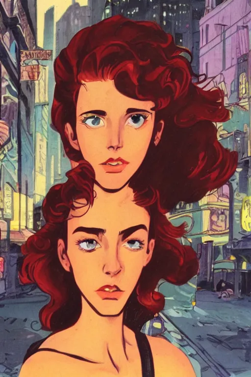 Image similar to portrait of an attractive young female protagonist, center focus, in city street, detailed face, portrait by ralph bakshi