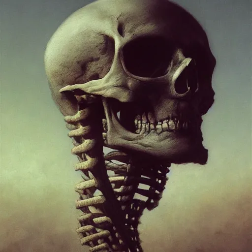 Prompt: A portrait of Skeleton by Zdzisław Beksiński and Ilya Repin,In style of Post-Apocalyptic.digital art, illustration,hyper detailed,smooth, sharp focus,trending on artstation,oil on the canvas,4k