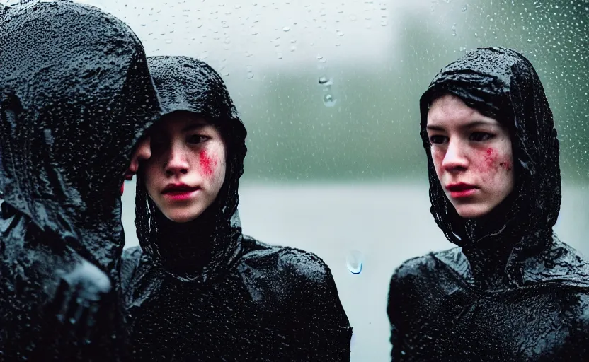 Image similar to cinestill 5 0 d candid photographic portrait by helen levitt of two loving female androids wearing rugged black mesh techwear in treacherous waters, extreme closeup, modern cyberpunk moody depressing cinematic, pouring rain, 8 k, hd, high resolution, 3 5 mm, f / 3 2, ultra realistic faces, ex machina