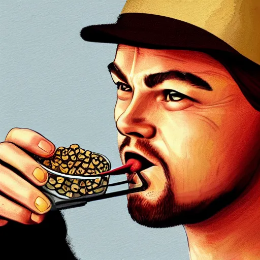 Prompt: a detailed portrait of leonardo dicaprio eating cereal with a fork, art illustration, incredibly highly detailed and realistic, 8 k, sharp focus