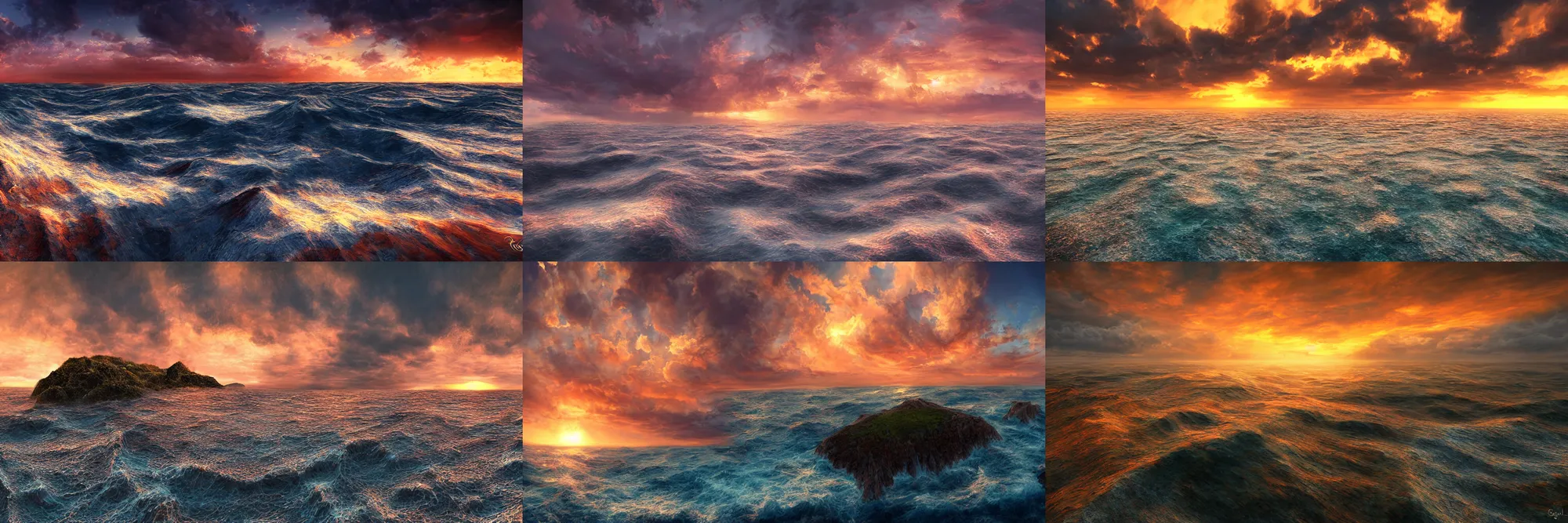 Prompt: sperical hdri map, epic fantasy, ocean, mattepainting, octane, warm sundown, fall vibrancy, swirley clouds, by greg rutkoswki