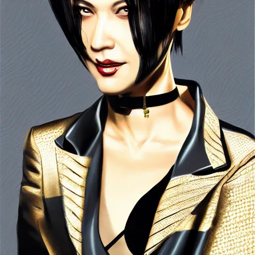 Image similar to Goro Majima as slim girl, gold suit jacket in snake print, black leather gloves, short black hair, black eye patch, elegant, 2d, ultra highly detailed, digital painting, smooth, sharp focus, artstation, art by Ilya Kuvshinov