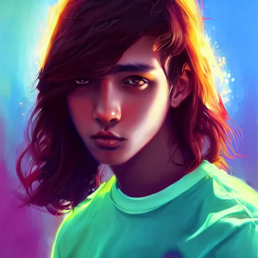 Image similar to colorful and festive captivating teenager with straight brown hair covering his eye, dark skin, big lips, big eyes, wearing a red t - shirt. rich vivid colors, ambient lighting, dynamic lighting, 4 k, atmospheric lighting, painted, intricate, highly detailed by charlie bowater