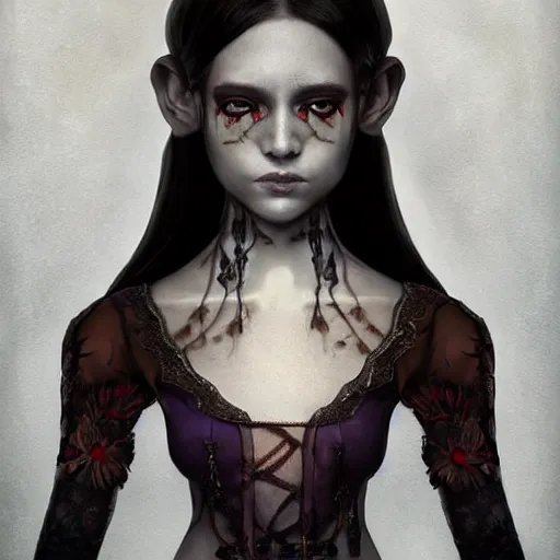 Image similar to symmetrical portrait of a beautiful dead princess female 4K symmetrical portrait, magical,fantasy , final fantasy, whole body, hyperrealism, cyberpunk, concept art, realistic, highly detailed, Featured on Artstation, cgsociety, Behance, Tom Bagshaw, Ross Tran, Japan Taiwan ,Soft lighting, attractive, highly detailed. intricate details. trending on artbreeder | zdzislaw beksinski. dariusz zawadzki. Michael Hutter. Peter Mohrbacher. Alfons Mucha. artstation