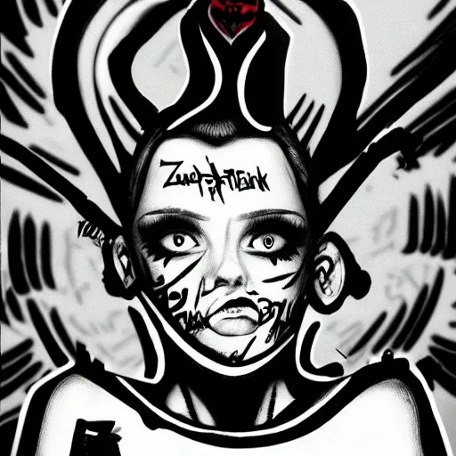 Image similar to zef design black and white color scheme, graffiti, cute characters, die antwoord