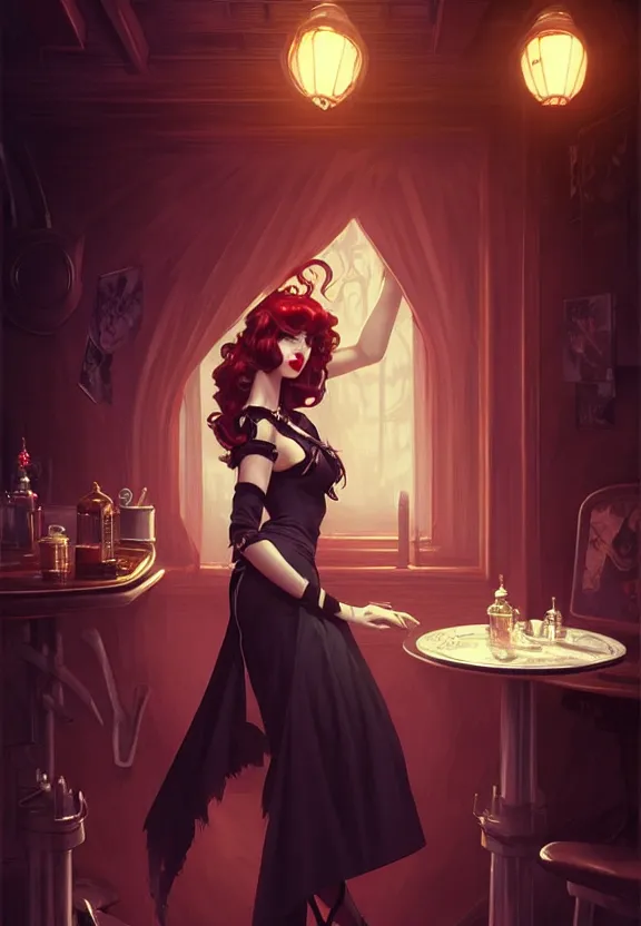 Prompt: Attractive necromancer waitress of a small 50’s style diner, fantasy magic, dark pin-up style hair, dark light night, intricate, elegant, sharp focus, illustration, highly detailed, digital painting, concept art, matte, art by WLOP and Artgerm and Greg Rutkowski and Alphonse Mucha, masterpiece