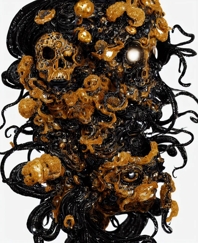 Image similar to fully black background. background hex 000000. goddess princess face close-up portrait ram skull. sculpture made of gold and decorated with brilliants. jellyfish phoenix head, nautilus, orchid, skull, betta fish, bioluminiscent creatures, intricate artwork by Tooth Wu and wlop and beeple. octane render, trending on artstation, greg rutkowski very coherent symmetrical artwork. cinematic, hyper realism, high detail, octane render, 8k