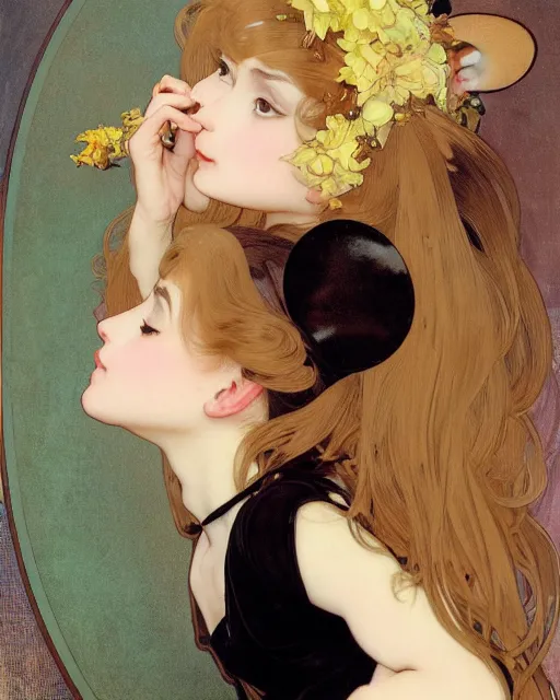 Prompt: A cute frontal painting of a very very beautiful skinny mousegirl with long wavy brown colored hair and small mouse ears on top of her head wearing a cute black dress and black shoes looking at the viewer, elegant, delicate, feminine, soft lines, higly detailed, smooth , pixiv art, ArtStation, artgem, art by alphonse mucha Gil Elvgren and Greg rutkowski, high quality, digital illustration, concept art, very long shot