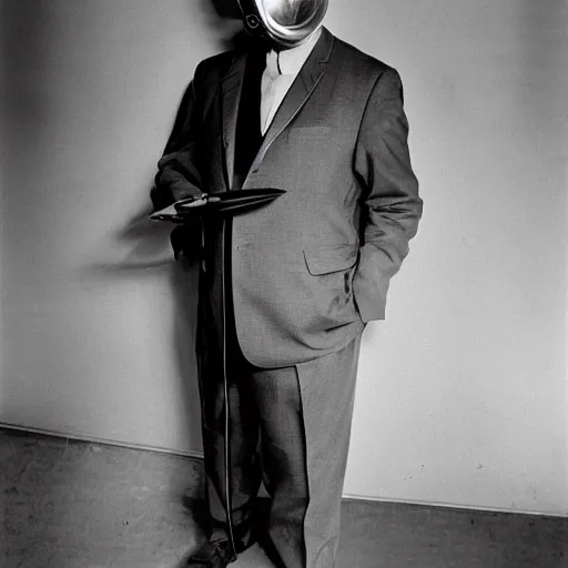 Image similar to man wearing a reel projector mask, in a suit, 1960 photograph