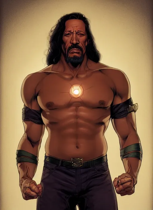 Prompt: in the style of joshua middleton, clay mann, artgerm, marvel comics danny trejo, symmetrical eyes, full body, natural hands, night time, cinematic lighting