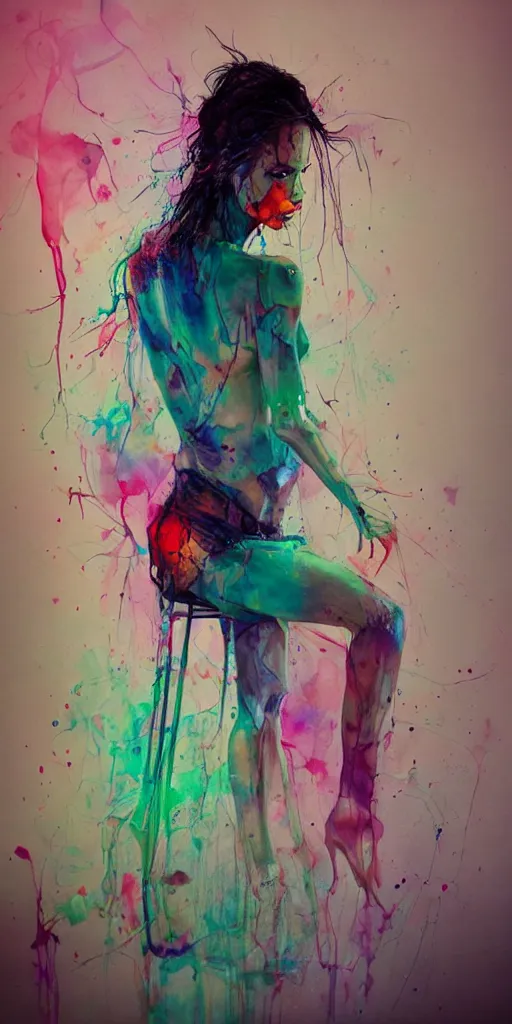 Image similar to adriana lima by agnes cecile enki bilal moebius, intricated details, sitting on a stool, full body portrait, extremely luminous bright design, pastel colours, drips, autumn lights