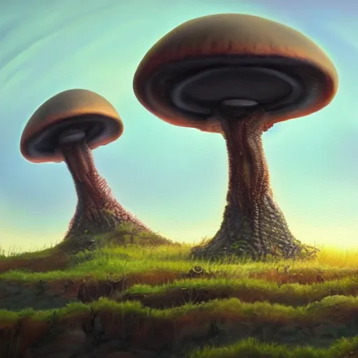 Image similar to alien landscape, oil painting, giant mushrooms, 4k, trending on artstation