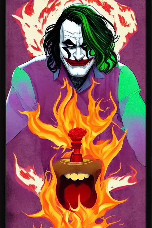 Image similar to joaquin phoenix joker issues 1, sadness, flame, red flower, copyright by dc comic, book cover, justify content center, delete duplicate content!, violet polsangi pop art, gta chinatown wars art style, bioshock infinite art style, incrinate, realistic anatomy, hyperrealistic, 2 color, white frame, content balance proportion