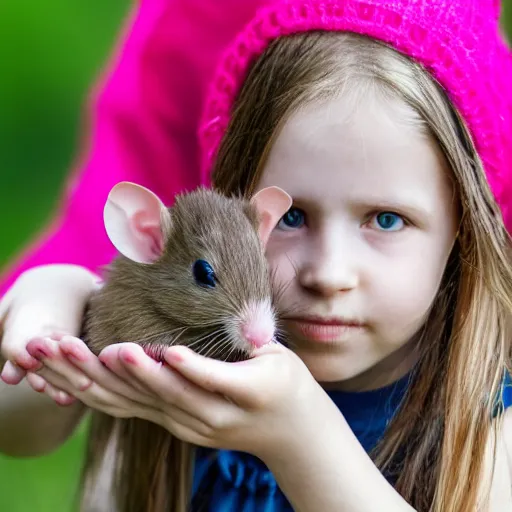 Prompt: ratcatcher 2 as a little girl, holding a cute rat in her hands, photo taken on a nikon, very detailed, 4k