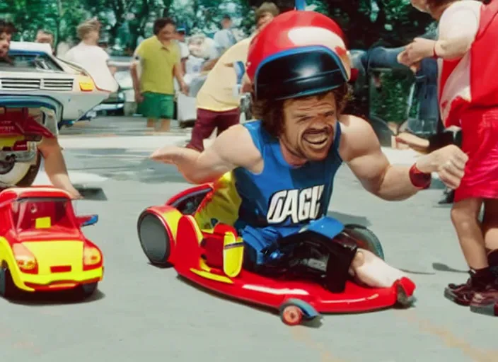 Image similar to peter dinklage racing patrick ewing driving a little tikes cars, movie still, from the new fast and furious movie, 8 k, realistic