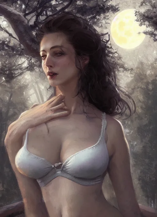 Prompt: close - up portrait of an attractive witch in front of the full big moon in a fantasy forest, white bra, by james gurney, max liebermann, greg rutkowski, highly detailed digital art, artstation