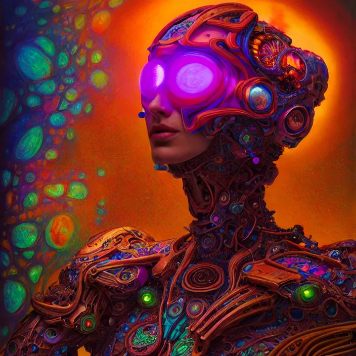 Prompt: stereoscopic image of a bright psychedelic organic cyborg, 4th dimensional creature, diffuse lighting, fantasy, intricate, elegant, highly detailed, lifelike, photorealistic, digital painting, artstation, illustration, concept art, smooth, sharp focus, art by John Collier and Albert Aublet and Krenz Cushart and Artem Demura and Alphonse Mucha