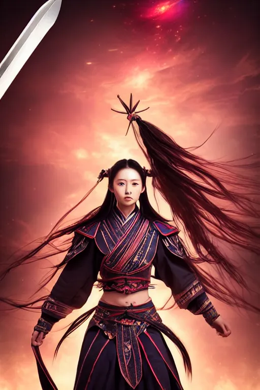 Image similar to beautiful cinematic fantasy poster, wuxia sword dance heroine, beautiful glowing galaxy eyes, hybrid from Dynasty Warriror and art direction by tian zi, WLOP, Darius Zawadzki cinematic quality character render; low angle; ultra high quality model; production quality cinema model;