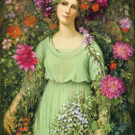 Image similar to portrait of the goddess of nature dressed in a green dress surrounded by flowers and nature