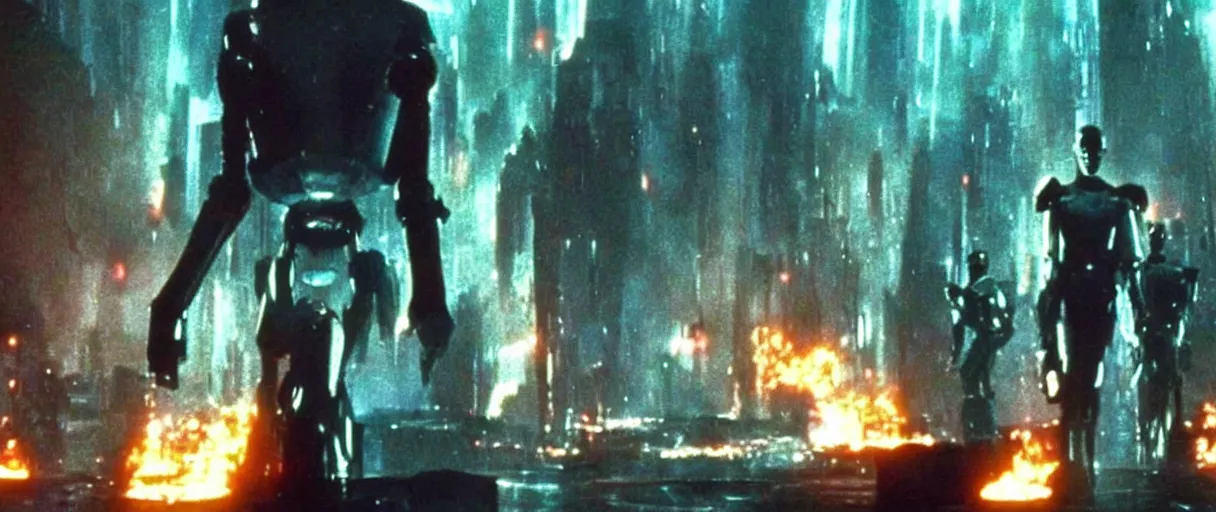 Prompt: sentinel robots from the matrix movie attacking Zion