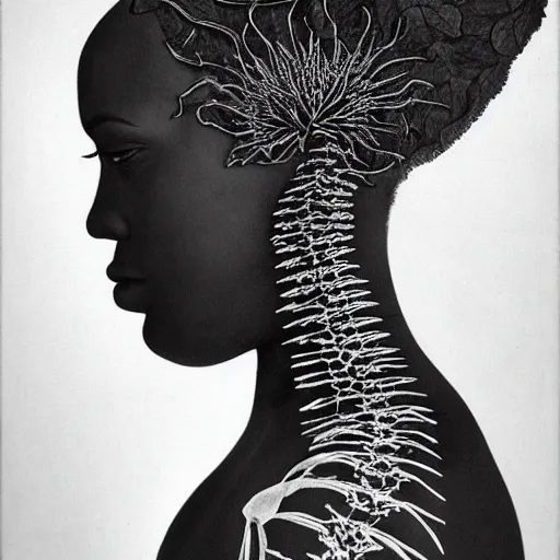 Image similar to a beautiful black womans face, made in profile of flower and leaf skeleton, in the style of dutch masters and gregory crewdson, dark and moody,