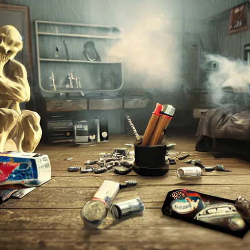 Prompt: photo realistic, cinematic, detailed, room full of smoke, three dark figures, energy drink, ashes, ash trays, cigarettes, smoke, speakerboxes