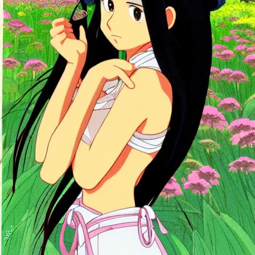 Image similar to beautiful mexican woman, darker tan skin, black hair and brown eyes, studio ghibli art style, art by hayao miyazaki, makoto shinkai